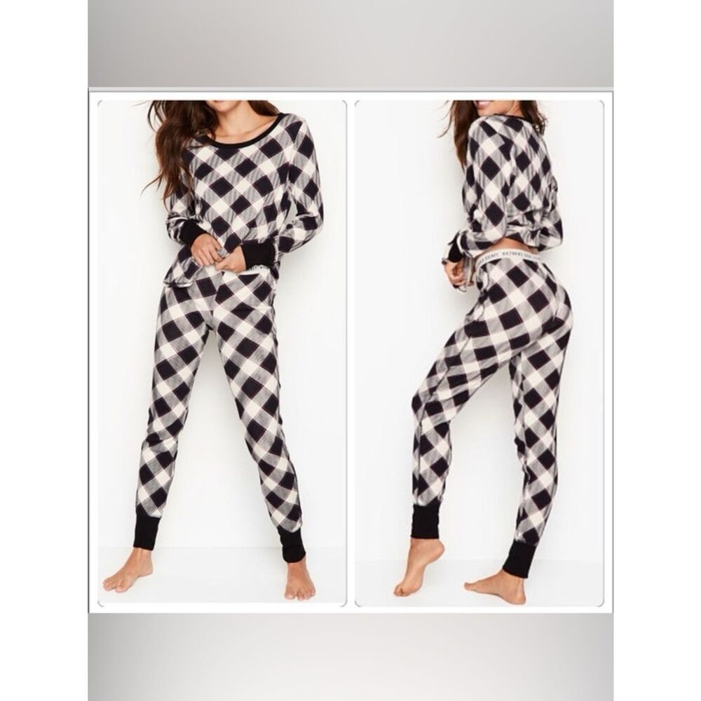 Victoria’s Secret Thermal Pajama Set Black White Pink Buffalo Plaid Size Medium
